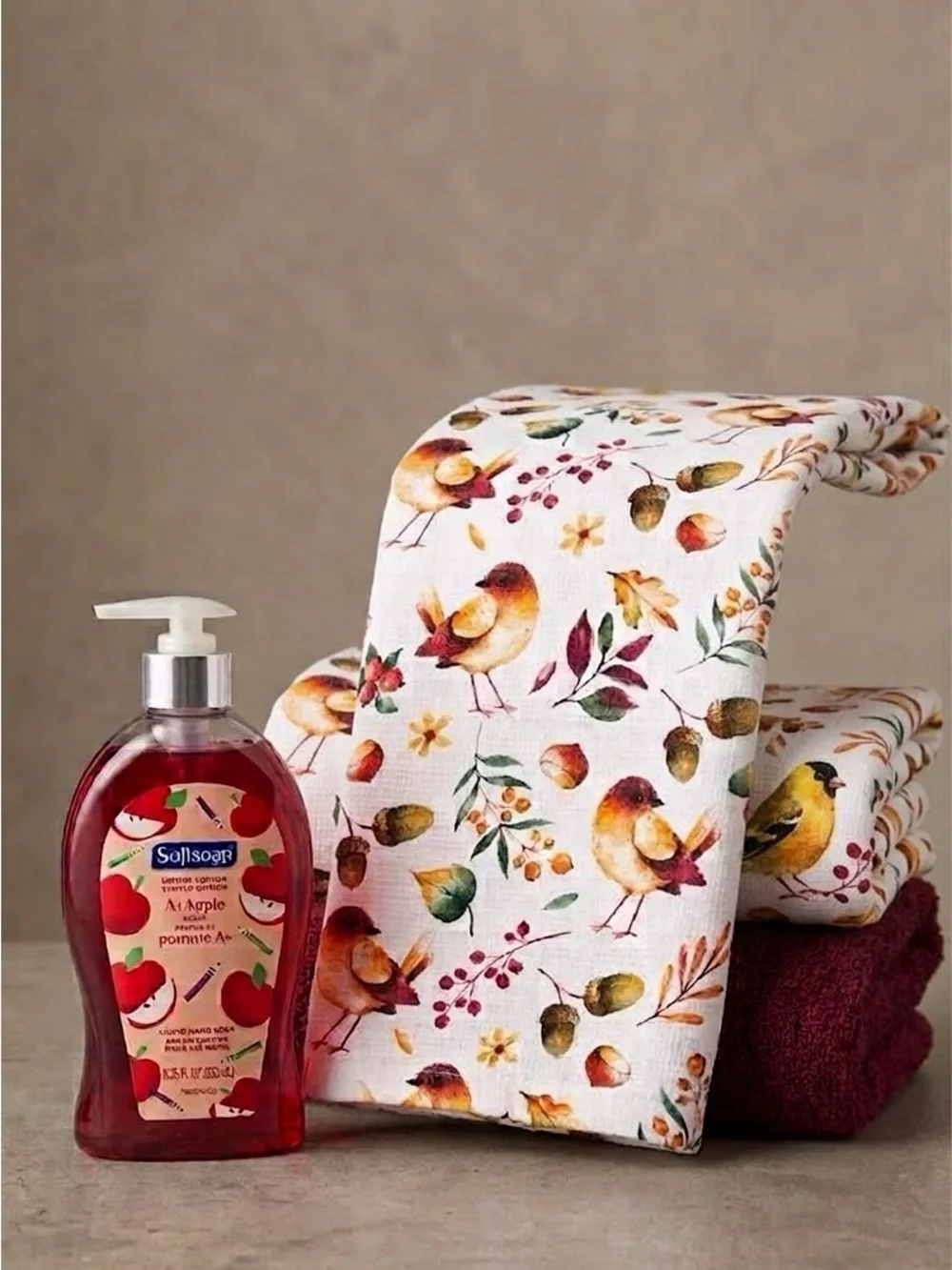 Fall Guest Bath or Kitchen Bundle - Autumn Bird Towels & Apple Hand Soap